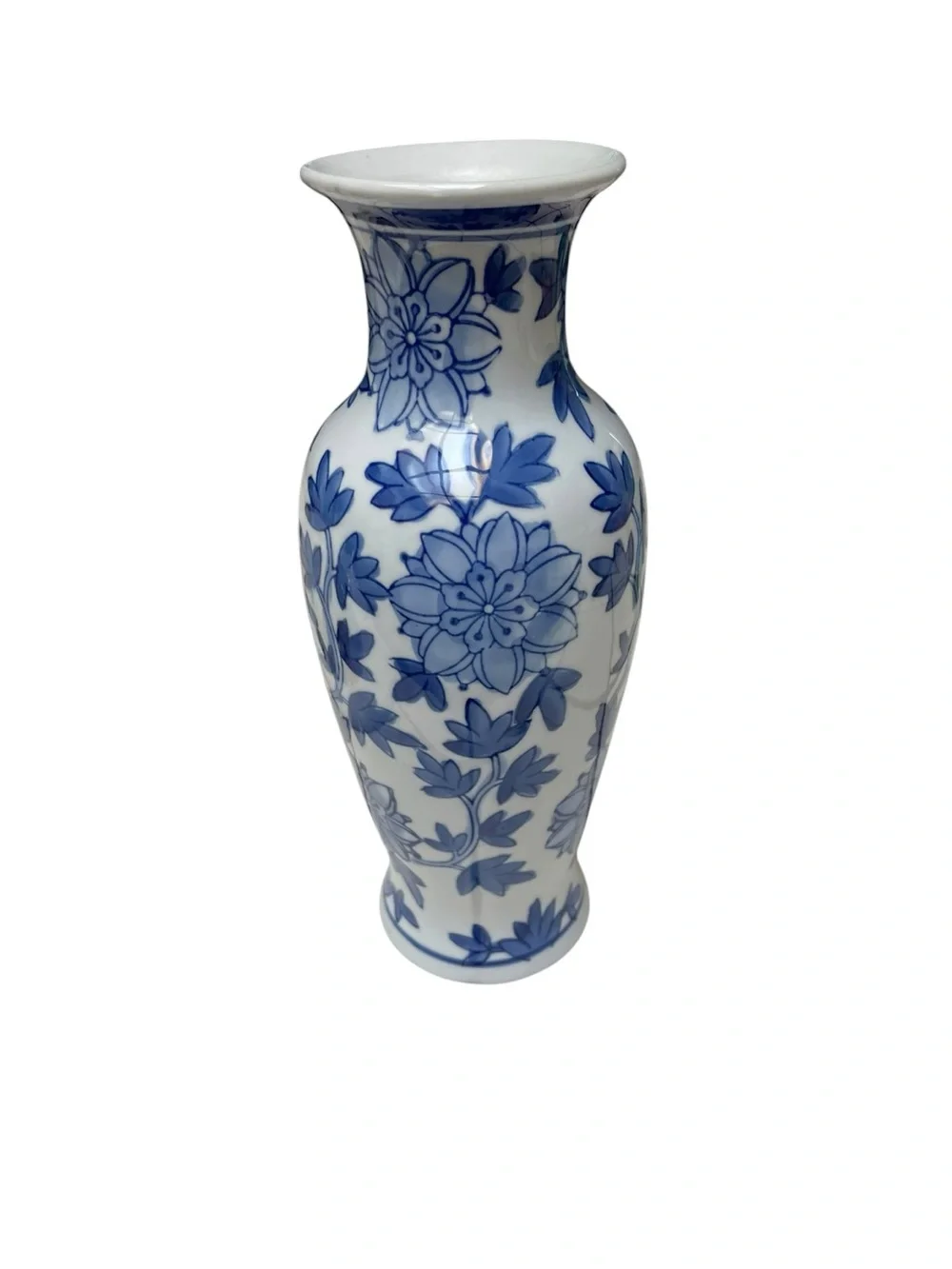 Vintage Blue White Porcelain Floral Vase Chinoiserie Bud Vase 10.5” Decor